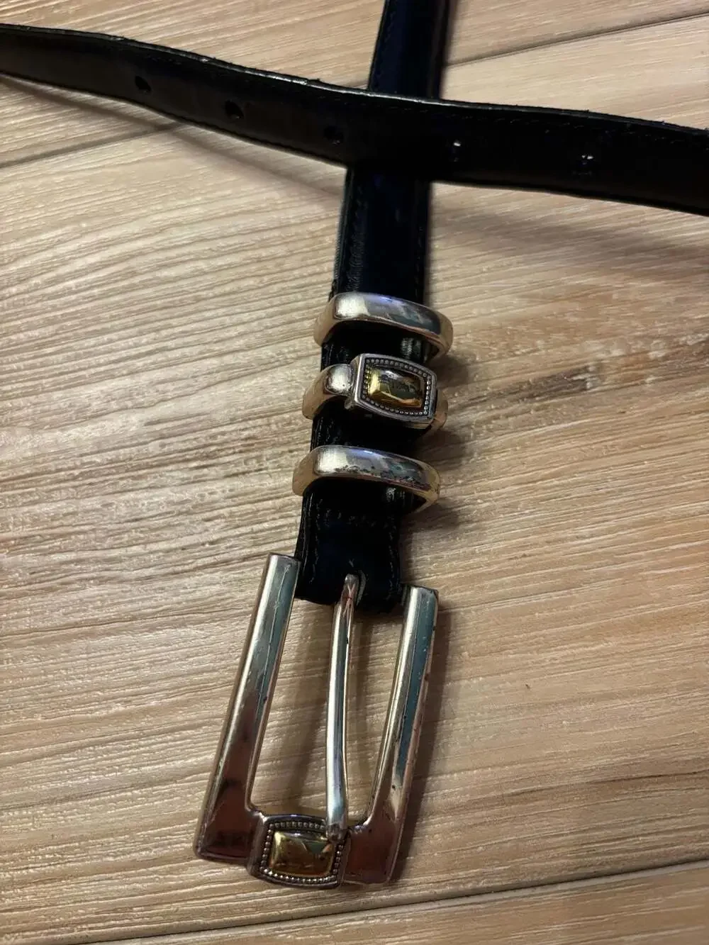 Brighton Studded Slim Black Leather Belt Silver and Gold Tone Buckle Size 32